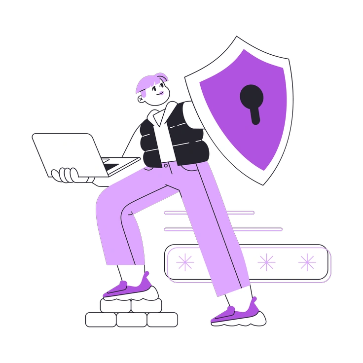A person holding a laptop and shield - Grapy style illustration