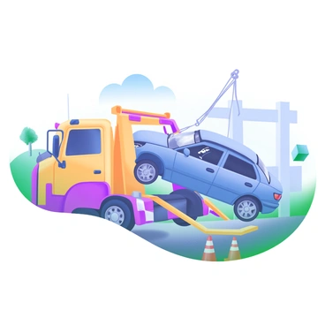A scene depicting a tow truck with a bright yellow exterior. The truck is parked on the side of a road, with its hydraulic lift raised. The damaged car being loaded has a crumpled front end and a shattered windshield. The car is a blue sedan, partially on the truck's platform, with the truck's winch cable secured around it. The background shows a few trees and a clear blue sky. Emergency cones are set up around the accident scene to ensure safety.