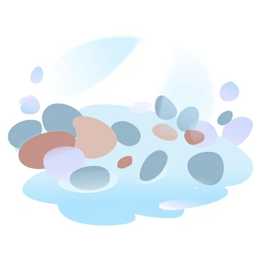 A collection of smooth pebbles and small stones is scattered across a gently flowing riverbed. The pebbles vary in size and are polished, showcasing shades of gray, brown, and cream. The small stones have distinct textures and shapes, some are rounded while others are more angular. The clear water of the river glides over the stones, creating soft ripples and reflections. Sunlight filters through the trees above, casting gentle light on the scene, highlighting the serene, natural beauty of the riverbed.