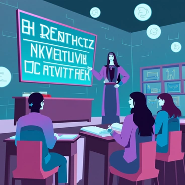 A spacious classroom with stone walls, illuminated by floating orbs of light. Students in flowing, ornate robes of various colors are seated at wooden desks, their expressions show concentration as they listen closely to their teacher. The teacher stands at the front, a tall figure with long hair, gesturing towards a large blackboard covered in glowing magical runes. The blackboard emits a faint shimmer, casting a soft light across the room. Scrolls and quills are scattered on the desks, and shelves in the background hold ancient books and mysterious artifacts.