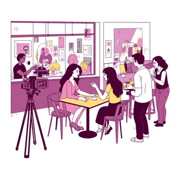 A small film crew is positioned inside an urban cafe, capturing a scene with handheld cameras. One crew member operates a camera, focused intently on a young actress sitting at a table. The actress, with long hair and a vibrant dress, is animatedly speaking to another actor across the table. The cafe is decorated with colorful art on the walls and has wooden tables with metal chairs. There are a few patrons in the background, some sipping coffee and others engaged in conversation, all contributing to the lively atmosphere of the scene being filmed.
