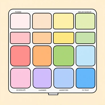 A palette featuring a variety of pastel colors arranged in an organized grid. Each section of the palette showcases shades inspired by blooming flowers. There are soft pinks reminiscent of cherry blossoms, gentle yellows like buttercups, light purples resembling lavender, and pale blues that evoke a clear spring sky. The palette's surface is glossy and reflects light, with small labels underneath each color swatch indicating their names. The background is a light cream to enhance the pastel tones.