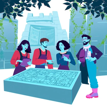 A diverse group of archaeologists, consisting of three men and two women, is gathered around an intricately designed stone tablet covered in ancient hieroglyphs. One archaeologist, with short brown hair and glasses, is using a high-tech tablet to cross-reference symbols. Another, a woman with curly black hair, is carefully brushing dust off the tablet with a small brush. The third archaeologist, tall and with a beard, is pointing at a specific hieroglyph with intent focus. The ruins around them are adorned with towering stone structures covered in vines. In the background, partially obscured by shadows, the outline of a mysterious chamber can be seen, suggesting hidden secrets waiting to be uncovered. Light filters through the leafy canopy above, casting dappled patterns over the archaeologists and the stonework.