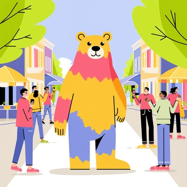 A Berlin Bear statue in vibrant colors stands proudly in the center of a bustling pedestrian area. The bear is painted with a mix of bright hues, showcasing its playful and lively character. Surrounding the bear, groups of people of various ages and ethnicities walk by, some stopping to take pictures. Colorful storefronts and café tables with umbrellas line the streets in the background, adding to the lively atmosphere. Trees with green leaves provide some shade, while a clear blue sky frames the scene above.