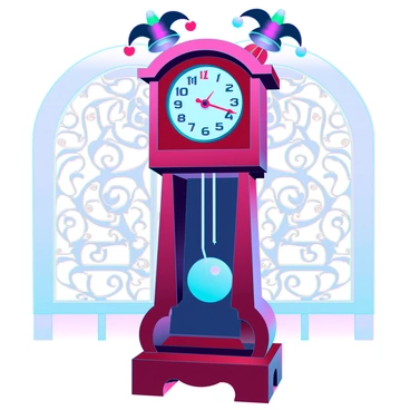 A whimsical grandfather clock with a tall, ornate wooden body featuring vibrant jester motifs. The clock face has playful hour and minute hands shaped like jester hats, and the numbers are replaced with colorful jester symbols. The pendulum swings joyfully, resembling a jester juggling balls. Decorative bells in the shape of jester hats adorn the top of the clock, adding a cheerful touch. The clock is placed against a backdrop of a richly detailed room with patterned wallpaper and festive decorations.