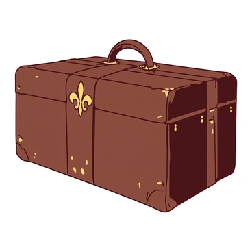 An aged leather suitcase is positioned upright, showcasing its rich texture and wear. The suitcase features a prominent brass fleur-de-lis emblem elegantly set in the center of its front surface. The edges of the suitcase are slightly scuffed, highlighting its history of travel. The brass emblem gleams softly in the light, contrasting beautifully with the deep brown hue of the leather. A vintage leather strap is neatly wrapped around the suitcase, adding to its character and charm.