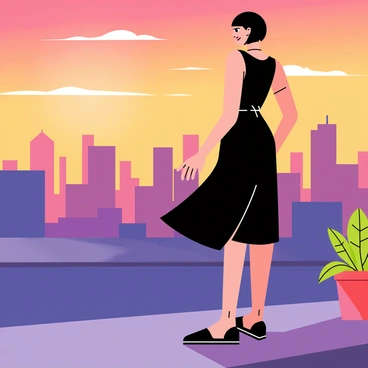 A figure wearing a sleek black A-line dress stands on a rooftop. The dress has a smooth, elegant silhouette that flows slightly with the breeze. The figure gazes out over a sprawling cityscape, with buildings silhouetted against the warm hues of the sunset. Shades of orange, pink, and purple fill the sky, casting a beautiful glow on the scene. The rooftop is adorned with a few potted plants, adding greenery to the urban environment.
