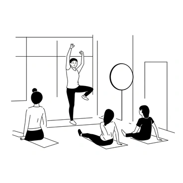 A pilates instructor is standing at the front of a studio, demonstrating various poses to a small group of four students on mats. The instructor is wearing fitted athletic clothing and is in a dynamic position, with one leg raised and arms extended for balance. The students are focused, following along with their bodies in different poses. The studio has large windows letting in light, and a wall-mounted mirror reflects the scene. There's a sense of concentration among the group as they practice their movements.