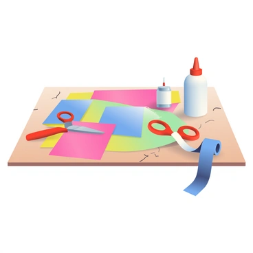 A crafting table is in the center of the image, covered with various colorful sheets of paper in shades of blue, pink, and yellow. Scissors with a silver blade and bright red handles are placed next to the paper. A clear bottle of white glue is positioned nearby, with a small amount of glue visible at the opening. The table surface is made of light brown wood, showing a few scratches and a polished finish. A roll of blue tape is partially unrolled beside the crafting supplies.
