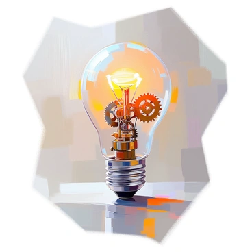 A bright lightbulb with a clear glass exterior, revealing intricate gears and cogs inside. The gears are made of brass and steel, interlocking in a complex arrangement that suggests movement and functionality. The lightbulb emits a warm glow, illuminating the surrounding area and casting soft shadows. The base of the lightbulb is metallic, polished to a reflective shine, contrasting with the detailed internal mechanics. This composition symbolizes the concept of innovation and creativity through the juxtaposition of light and machinery.