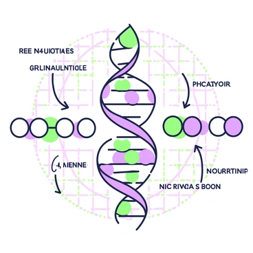 An illustration depicting the assembly of nucleotides to form a DNA strand. In the center, there is a double helix structure of DNA, with the strands twisted around each other. Each nucleotide is clearly illustrated, showing the sugar, phosphate, and nitrogenous base components. The nitrogenous bases are paired in the center, with adenine pairing with thymine and cytosine pairing with guanine. Various arrows indicate the direction of assembly, leading from free nucleotides to the growing DNA strand. The background includes a faint grid pattern to emphasize the scientific theme of the illustration.