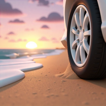 A close-up of a car wheel, made of shiny silver alloy, rolling over coarse, golden sand on a beach. The tire has distinct tread patterns visible on its surface, pushing through the grains of sand as it moves. In the background, a vibrant sunset fills the sky with hues of orange, pink, and purple, casting a warm glow over the scene. Silhouettes of gentle waves can be seen lapping at the shoreline, adding a sense of movement and tranquility to the image.
