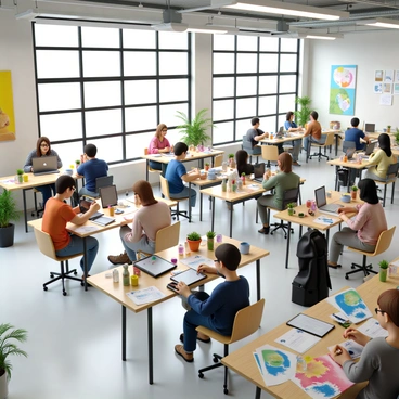 A spacious co-working space filled with natural light filtering through large windows. Various artists and designers are seated at modern desks, working intently on their projects. Some individuals are sketching on tablets, while others are using laptops and surrounded by colorful art supplies. A woman with short hair and glasses is painting on a canvas, with vibrant colors splattered around her. In another corner, a group is collaborating, discussing ideas with sketches and notes spread out on the table. The walls are adorned with inspiring artwork and creative posters, creating an energizing atmosphere.