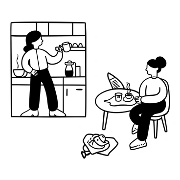 A three-panel comic strip of a character's morning coffee routine