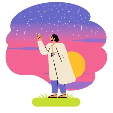 A person performing "namaste" with their hands pressed together in front of their chest. The individual is standing on a grassy area, wearing a flowing garment that sways slightly in the evening breeze. The sky above is a blend of vibrant colors, including deep purples, oranges, and pinks, as the sun sets on the horizon. Countless stars begin to twinkle in the sky, adding a magical feel to the scene. The overall atmosphere conveys a sense of peace and connection with nature.