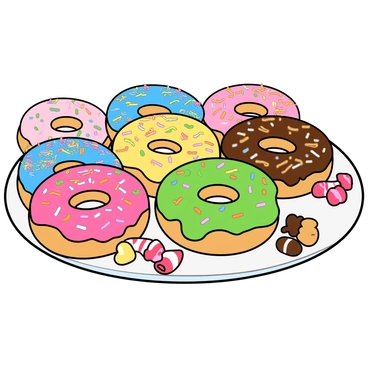 A vibrant display of donuts arranged on a white table. The donuts are various sizes and shapes, showcasing a wide range of colors. There are pink, blue, yellow, and green frosted rings, each adorned with colorful sprinkles. Some donuts have drizzles of chocolate or caramel on top. The background includes a few whimsical candy-themed decorations, like lollipops and gummy bears, adding to the playful atmosphere. The lighting is bright, highlighting the glossy finishes of the frosting on the donuts.