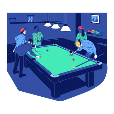 A teal billiard table is positioned in the center of a dimly lit room, illuminated by warm white overhead lights casting soft shadows. Surrounding the table, four players are gathered, each poised to take their shot. One player, dressed in a blue shirt, leans over the table, focusing intently on the cue ball. The other players, one wearing a red cap and another in a green jacket, stand with their cues, engaged in conversation. The walls of the room are adorned with framed pictures of past tournaments, adding to the atmosphere of friendly competition. On a nearby shelf, there are extra billiard balls and a chalk holder in vibrant colors.