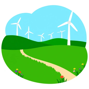 A picturesque landscape featuring rolling green hills, with a clear blue sky above. In the distance, several white wind turbines are turning slowly, their blades completing broad arcs. The foreground is dotted with colorful wildflowers, adding splashes of red, yellow, and purple to the scene. A small, winding path leads through the grass, guiding the viewer's eye toward the horizon where the turbines stand. The sunlight casts gentle shadows, creating a warm and inviting atmosphere across the entire landscape.
