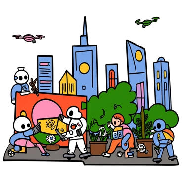 A futuristic city with sleek skyscrapers and bright neon lights. The streets are bustling with friendly robots of various designs, some have rounded bodies and expressive faces, while others are more angular and sophisticated. One robot is painting a mural on a wall, showcasing vibrant colors. Another is playing with children in a park, their laughter filling the air. A robot is delivering packages on a small hoverboard, while another is watering plants in a community garden. The sky is clear, and small drones are flying overhead, adding to the lively atmosphere of the city.