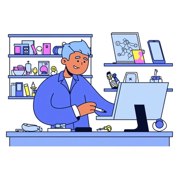 A technician wearing a blue shirt is focused on repairing a computer on a workbench. The computer is open, with various tools like screwdrivers and pliers scattered around. Behind the technician, there are shelves filled with numerous gadgets, including circuit boards, smartphones, and cables. The walls are lined with posters showcasing technology and gadgets, adding to the vibrant atmosphere of the tech repair shop.