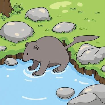 A small shrew with soft gray fur and a pointed snout is kneeling by a gently flowing stream, its tiny paws cupping the water. The stream is clear, revealing smooth pebbles at the bottom. Surrounding the water are various rocks of different sizes, some covered in bright green moss and others showing rough textures. Small patches of grass peek through the spaces between the stones. Sunlight filters through the trees above, creating dappled light on the water's surface. The scene captures the shrew's delicate movements as it sips from the stream.