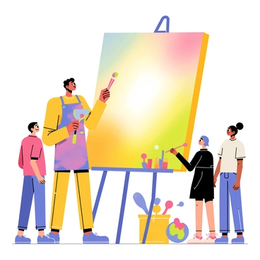 An artist stands in front of a large canvas. The canvas is bright and dynamic, shifting colors and glowing as if it were made of plasma. The artist, wearing a colorful apron, is holding a paintbrush with vibrant paint on it. The surrounding area is filled with splashes of paint and various art supplies, contributing to the creative atmosphere. A few curious spectators are watching the artist at work, captivated by the glowing masterpiece.