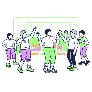 A group of seniors is gathered in a community center, each standing in a circle. They are engaged in an exercise routine, performing arm circles. Each senior is wearing comfortable athletic clothing. A woman with gray hair is leading the exercise and demonstrating the arm circles with enthusiasm. The seniors are smiling and following her lead, with their arms raised to the side. In the background, there are exercise mats and colorful chairs arranged neatly. Light filters through large windows, illuminating the active scene.
