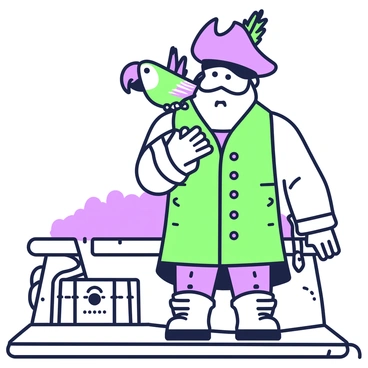 A pirate with a rugged appearance is standing on a wooden ship deck. The pirate has a large tricorn hat adorned with a greenish feather and a weathered coat. Perched on the pirate's shoulder is a parrot with vibrant plumage, its wings slightly spread as it squawks loudly. The parrot's beak is open, revealing its sharp edges, while its eyes are attentive and bright. The pirate is gazing out towards the sea, with a rope coiled at his feet and a treasure chest visible in the background.
