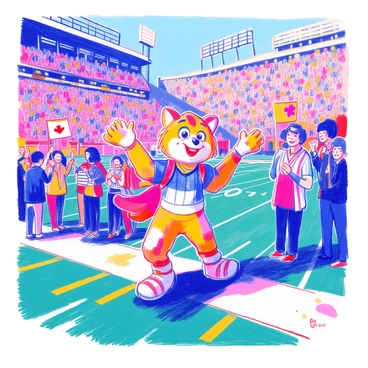 A cheerful football mascot is lively and animated on the sidelines during a game. The mascot, dressed in a colorful costume resembling a friendly animal, is waving its arms and smiling broadly. In the background, a crowd of fans is wearing team colors and cheering enthusiastically. Some fans are holding up banners and flags, while others are clapping along to the mascot's entertaining antics. The field is marked with yard lines and surrounded by stadium lights.