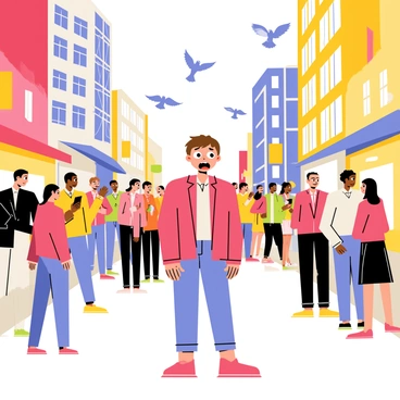 A person with wide eyes and a dropped jaw, displaying a frightened expression, stands in the middle of a busy city street. The individual has short brown hair and is wearing a red jacket and blue jeans. Surrounding them is a diverse crowd of people, all in motion, with some looking at their phones and others engaged in conversation. Tall buildings loom in the background, creating a sense of height and enclosure. Colorful storefronts and bright advertisements add to the bustling atmosphere, while a few pigeons fly overhead, emphasizing the lively urban environment.