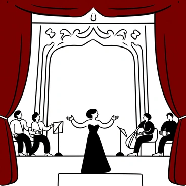 An opera singer in a flowing gown stands at the center of a grand stage, gesturing dramatically as they sing. The singer's arms are outstretched, and their head is tilted slightly back. A large, ornate backdrop featuring intricate architectural details supports the performance. The stage is illuminated with strategically placed lights casting shadows that add depth to the scene. A plush, red velvet curtain hangs at the sides of the stage, framing the performance area. A small orchestra is positioned in the background, with musicians playing various instruments in harmony.