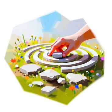 A close-up of a hand with light skin and slender fingers, meticulously constructing a vast and intricate labyrinth on a grassy plain. The hand is delicately placing stones to outline the winding paths of the labyrinth. The grassy plain is vibrant green, dotted with wildflowers in various colors, and the sky above is clear and blue. The maze itself is detailed, showcasing a complex pattern of pathways and turns, drawing the viewer's eye deeper into the design. Small tufts of grass and earth are scattered around the construction site, adding to the natural setting.