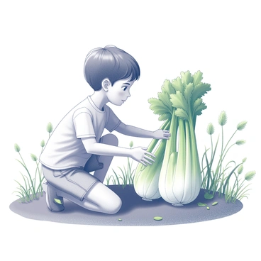 A child exploring a wild area filled with greenery. The child, wearing a light-colored shirt and shorts, is kneeling down, closely inspecting a cluster of celery plants. The plants are tall and vibrant, with crisp green stalks rising from the earth. Surrounding the child are various other wild plants and grasses. The child's facial expression reflects curiosity and wonder as they reach out to touch a celery plant, highlighting their sense of adventure in this natural setting.