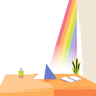 A prism positioned on a wooden table refracts sunlight, creating a vivid rainbow arching across the room. The rainbow displays a spectrum of colors, from red to violet, with the light illuminating nearby surfaces. The walls of the room are painted a soft white, enhancing the brightness of the rainbow. Shadows of the prism are cast on the table, and a few small objects like a green plant and an open book are present nearby, reflecting the colorful light.
