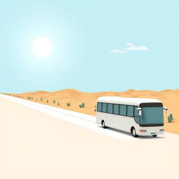 A white bus, with large windows and a sleek design, driving along a long and straight desert highway. The bus is positioned slightly to the right of the road, showcasing its side profile. The surrounding desert landscape features golden sand dunes and sparse vegetation, with a few scattered cacti dotting the scene. Above, a clear blue sky stretches endlessly, with a few wispy clouds. The sun is shining brightly, illuminating the bus and casting soft shadows on the ground.