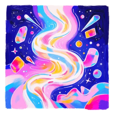 A dynamic scene depicts "spirals of light" emerging from a central point. The spirals twist and turn, displaying a gradient of colors from bright white to deep blue and vibrant purple. Surrounding the spirals are abstract shapes representing different dimensions, such as geometric patterns and fluid forms. The light appears to stretch outward, illuminating the area with a soft glow. The background features a dark gradient to enhance the vibrancy of the spirals and shapes, creating a sense of depth and movement.