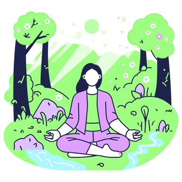 A person is sitting in a lotus position on the forest floor, meditating with a straight neck. They have long hair flowing down their shoulders and are wearing comfortable, loose-fitting clothing. Surrounding them is a lush forest filled with dense green foliage, tall trees, and scattered wildflowers. Sunlight streams through the branches, casting dappled light on the ground. The person’s hands rest on their knees, and their expression is one of calm and concentration. Nearby, a small stream gently flows, adding a sense of tranquility to the scene.