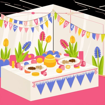 An exhibition booth featuring a brightly decorated "Haft-Sin" table, symbolizing the Persian New Year, Nowruz. The table is covered with a beautifully patterned cloth, adorned with seven items starting with the Persian letter "S," including "sabzeh" (sprouted wheat), "samanu" (sweet pudding), "senjed" (dried fruit), "seer" (garlic), "somagh" (sumac), "serkeh" (vinegar), and "sekkeh" (coins). Vibrant flowers, especially hyacinths, are placed alongside decorated eggs and candles. Colorful banners displaying "Nowruz" are hung around the booth, creating a festive atmosphere filled with cultural significance.