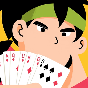 A close-up of a poker player with a focused expression. The player has short black hair and is wearing a green poker visor. The face shows intense concentration, with furrowed brows and narrowed eyes. The player holds a hand of cards, fanned out slightly, showing a mix of red and black suits. The background is blurred, emphasizing the player's expression and the cards in their hands.