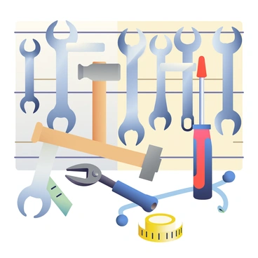 An artistic display of various hand tools hanging on a workshop wall.