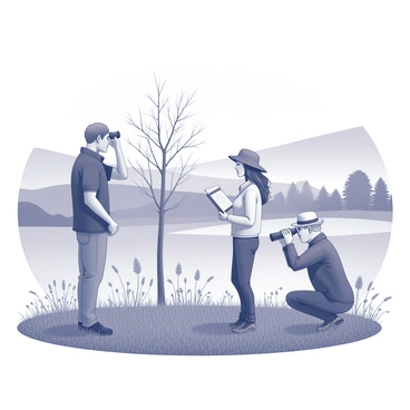 A group of three birdwatchers is positioned in a lush countryside setting. The first birdwatcher, a man with short hair, is raising binoculars to his eyes while wearing a wide-brimmed hat. The second, a woman with long hair, is standing beside him holding a field guide, intently observing a nearby tree. The third birdwatcher, an older gentleman, is crouched down near the ground, scanning with binoculars while surrounded by tall grass and wildflowers. The background features rolling hills dotted with trees and a clear sky overhead.
