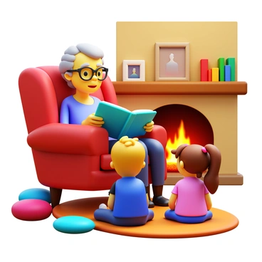 A grandparent with gray hair wearing reading glasses is seated in a comfortable armchair. They are holding a colorful storybook open in their lap. Two grandchildren, a boy and a girl, are sitting on the floor in front of the grandparent, captivated by the story. The fireplace is visible in the background, with a warm glow emanating from the flames. A cozy blanket is draped over the armchair, and there are several cushions scattered around. The room is decorated with family photos and a shelf filled with books.