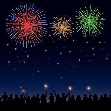A dark night sky illuminated by vibrant fireworks in various colors including red, blue, green, and gold. The bursts of fireworks explode in different shapes like stars and spirals. Below the fireworks, a silhouette of a small crowd can be seen, their bodies turned upwards in awe as they watch the dazzling display. Some people in the crowd are holding sparklers that emit a warm glow, adding to the festive atmosphere. The scene conveys a sense of joy and celebration.