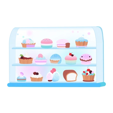 An elegant pastry shop display showcases a variety of colorful macarons arranged neatly on tiered stands. Next to the macarons, several beautifully decorated cakes are presented, each with intricate icing designs and vibrant colors. The display includes delicate pastries, each with unique shapes and toppings, enhancing the overall assortment. The background features soft, warm lighting that highlights the textures and colors of the desserts. A stylish glass case surrounds the display, adding a refined touch to the presentation.