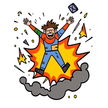 A character with messy, spiky hair and light skin is launching himself into the air against a backdrop of a large explosion. He has a wide grin on his face, displaying a sense of excitement and madness. The character is wearing a ragged outfit with a patchwork design, featuring various colors and textures. His arms are raised in exhilaration, and he is surrounded by flying debris and bright flames, emphasizing the chaotic scene. The background features smoke billowing from the explosion, adding to the dramatic effect.
