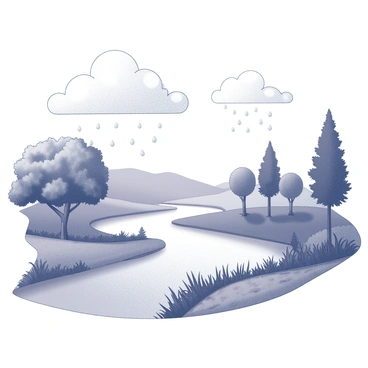 A landscape depicting various elements of the water cycle. In the sky, fluffy clouds are visible, some releasing droplets of rain. Below, a winding river flows through the scene, reflecting the clouds above. Lush plants and trees grow along the riverbanks, showcasing diverse foliage. The ground is a mix of soil and grass, indicating the interaction of water with the environment.