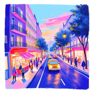 A bustling city street features tall buildings with illuminated windows as daylight fades. People are walking along the sidewalk, some stopping at food carts and outdoor cafes. The sky is painted in shades of orange and purple, indicating the transition from day to night. Streetlights begin to glow, casting warm pools of light on the ground. A few cars are driving by, their headlights on, reflecting the vibrant colors of the sunset. Trees lining the street have leaves rustling gently in the evening breeze.