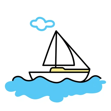 A small sailboat with a white sail billowing in the wind, gliding over choppy blue waves. The sunlight reflects off the water's surface, creating a shimmering effect. The sky above is clear with a few wispy clouds scattered across it, providing a bright backdrop to the scene. The boat's hull is painted in a vibrant color, contrasting beautifully with the deep blue of the sea. The movement of the waves enhances the sense of action as the sailboat navigates through the lively water.