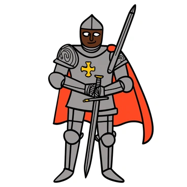 A medieval knight with dark skin is standing proudly in full armor, showcasing intricate designs etched into the metal. The knight wears a shining helmet with a visor slightly raised, revealing determined eyes. The knight's armor includes a breastplate, gauntlets, and greaves, all reflecting a polished surface. A sword hangs at the knight's side, ready for battle, while a flowing cape billows slightly behind. The knight's stance is confident, feet firmly planted, and a strong expression of bravery and honor is evident on the face.