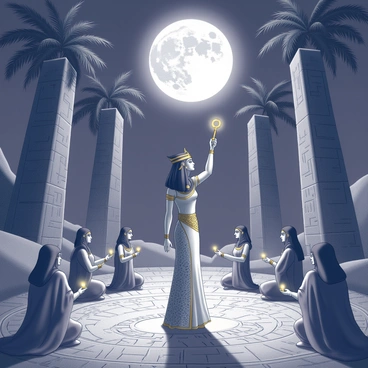 Cleopatra stands at the center of an ancient Egyptian ritual site, surrounded by towering stone obelisks and intricate hieroglyphs etched into the ground. She is wearing an elaborate headdress adorned with golden accents that glint in the moonlight. Her long, flowing robes feature intricate patterns resembling traditional Egyptian motifs. In her hands, she holds a golden ankh, raised towards the night sky, illuminating her figure. 

Around her, several robed figures participate in the ritual, forming a circle and chanting softly. They hold candles that emit a faint glow, creating a contrast against the dark night. The full moon looms overhead, casting silvery light across the scene, enhancing the mystical atmosphere. The surrounding landscape is dotted with palm trees silhouetted against the moonlit sky.